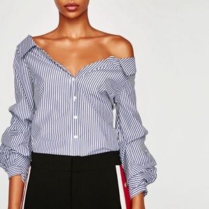 Zara button down, ruched sleeve, striped top.